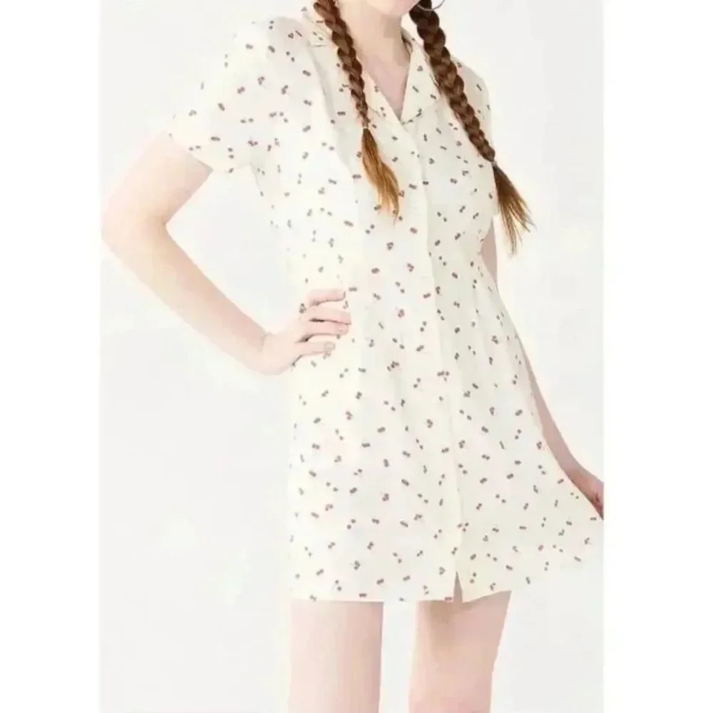 Cherry Print Retro Rockabilly Mini Dress Button Down Tie Back SO Size Large